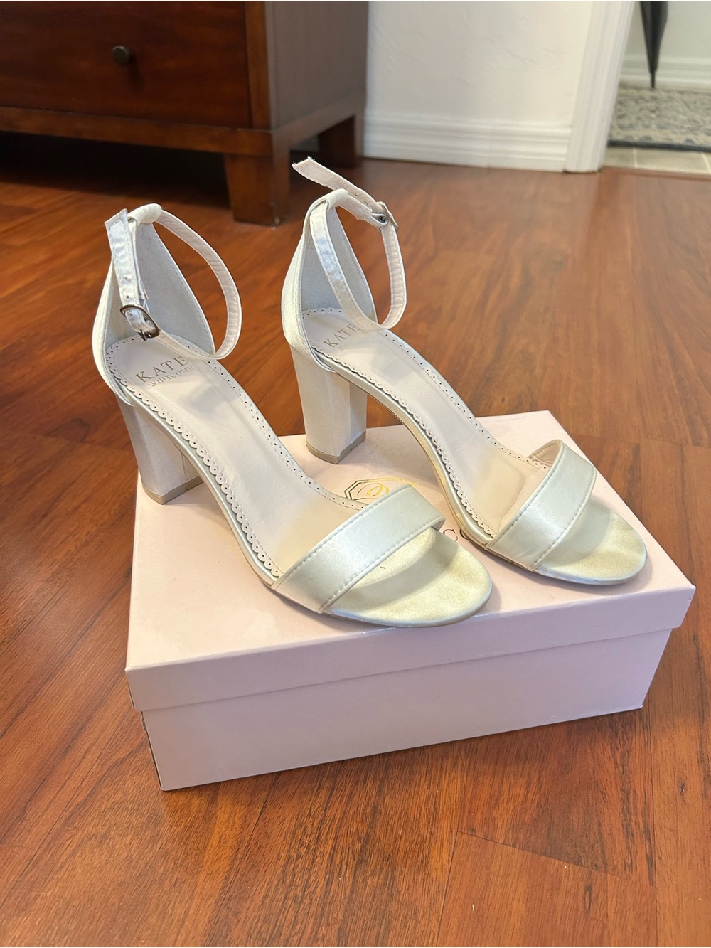 Kate Whitcomb Ivory Satin Ankle-Strap Block Heel Sandals
